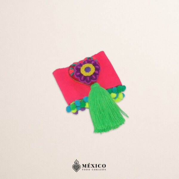 Pink artisan waist belt featuring a floral heart embellishment with pom-poms in felt appliqué