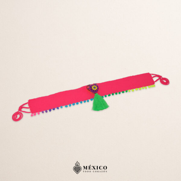 Pink Artisan Waist Belt Floral Heart Embellishment with PomPoms in Felt Appliqué - Image 5
