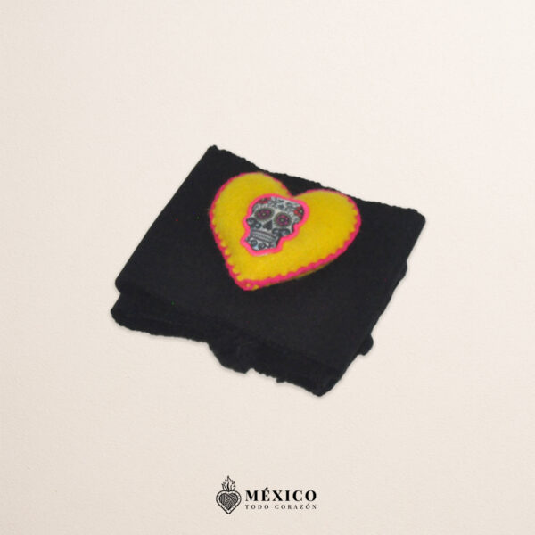 Black artisan waist belt featuring a heart with Catrina embellishment in felt appliqué
