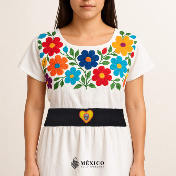 Black artisan waist belt featuring a heart with Catrina embellishment in felt appliqué