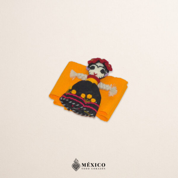 Yellow artisan Mexican waist belt featuring a Mexican doll embellishment in felt appliqué