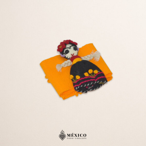 Yellow artisan Mexican waist belt featuring a Mexican doll embellishment in felt appliqué