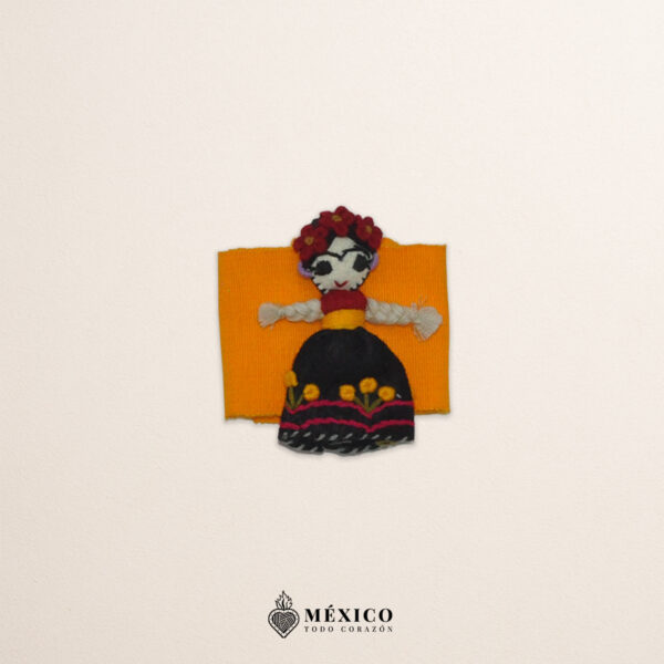 Yellow artisan Mexican waist belt featuring a Mexican doll embellishment in felt appliqué