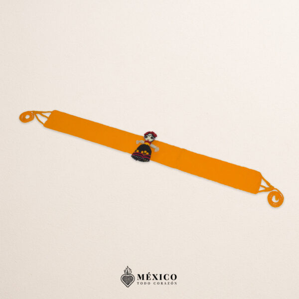 Yellow artisan Mexican waist belt featuring a Mexican doll embellishment in felt appliqué