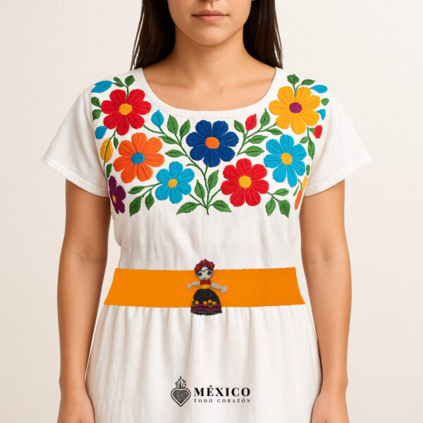 Yellow artisan Mexican waist belt featuring a Mexican doll embellishment in felt appliqué