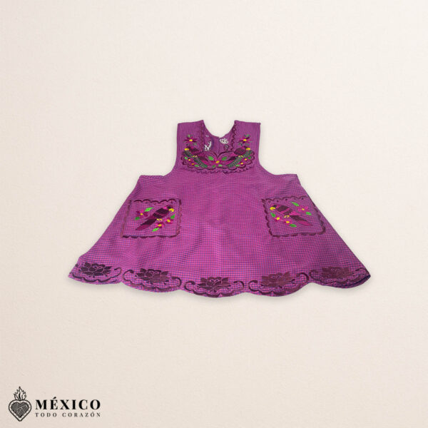 Burgundy Mexican embroidered cotton apron with floral and bird motifs, perfect cooking gift