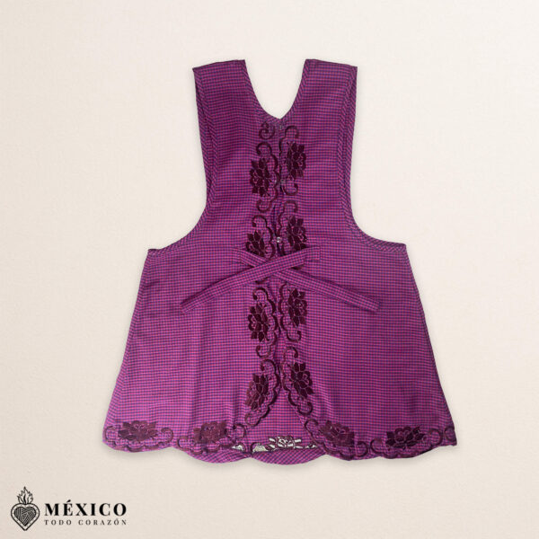 Burgundy Mexican embroidered cotton apron with floral and bird motifs, perfect cooking gift