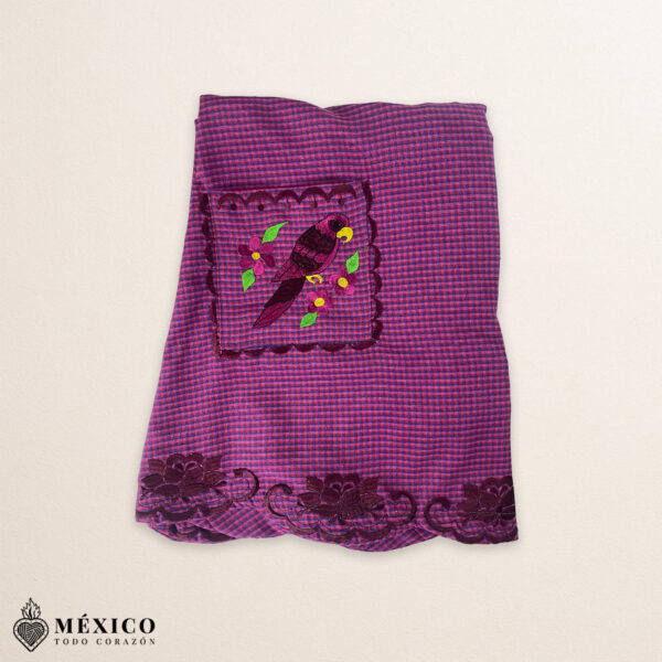 Burgundy Mexican embroidered cotton apron with floral and bird motifs, perfect cooking gift
