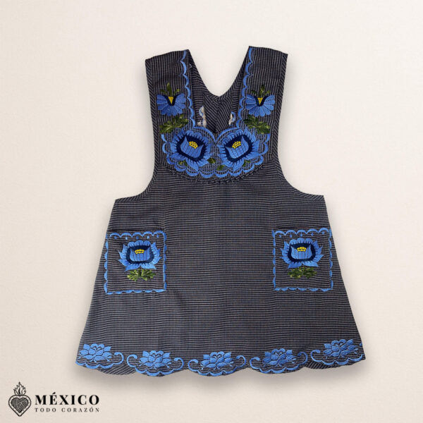 Gray and blue Mexican embroidered cotton apron with floral design, ideal cooking gift