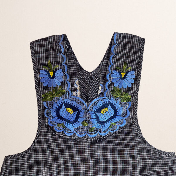 Gray and blue Mexican embroidered cotton apron with floral design, ideal cooking gift