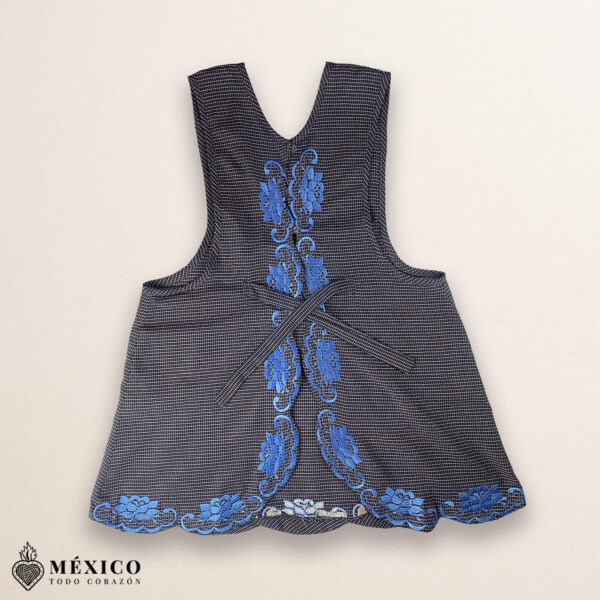 Gray and blue Mexican embroidered cotton apron with floral design, ideal cooking gift