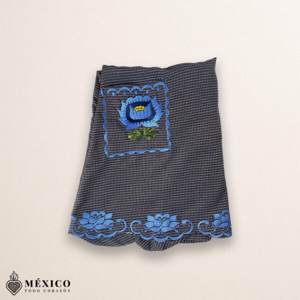 Gray and blue Mexican embroidered cotton apron with floral design, ideal cooking gift