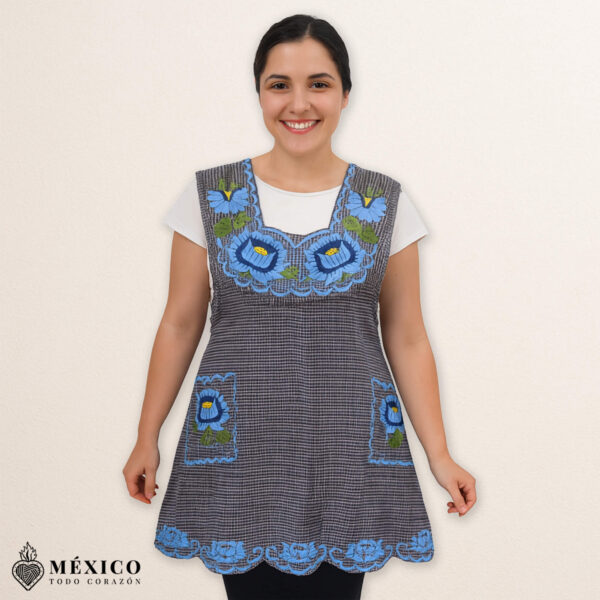 Gray and blue Mexican embroidered cotton apron with floral design, ideal cooking gift