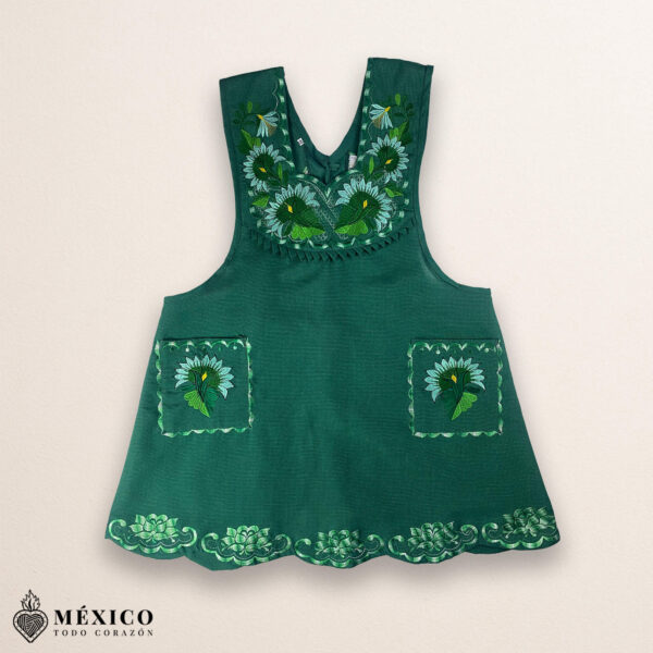 Green Mexican embroidered cotton apron featuring floral motifs, perfect kitchen and cooking gift