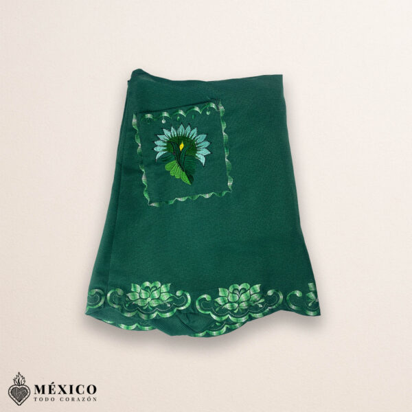 Green Mexican embroidered cotton apron featuring floral motifs, perfect kitchen and cooking gift