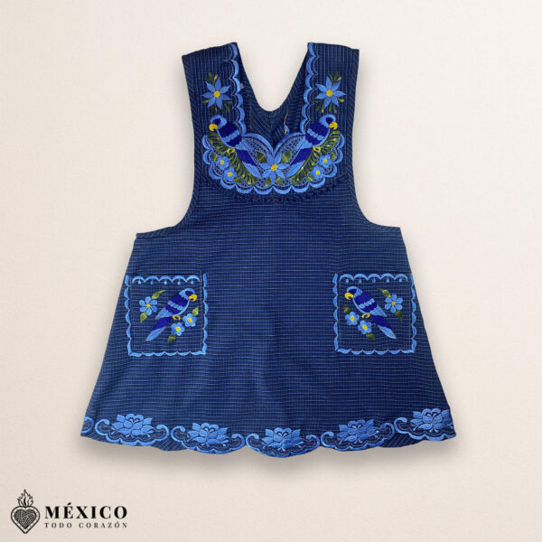 Blue Mexican embroidered cotton apron featuring floral and bird motifs, perfect kitchen and cooking gift