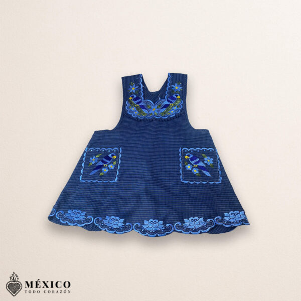 Blue Mexican embroidered cotton apron featuring floral and bird motifs, perfect kitchen and cooking gift