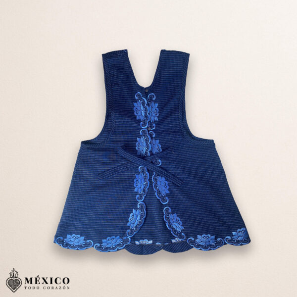 Blue Mexican embroidered cotton apron featuring floral and bird motifs, perfect kitchen and cooking gift