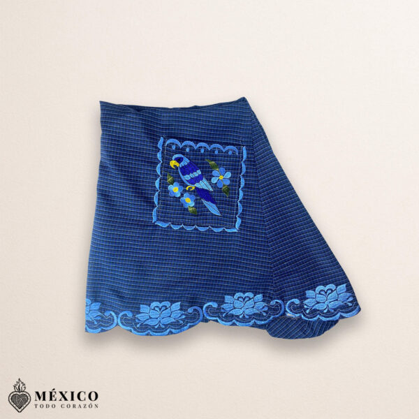 Blue Mexican embroidered cotton apron featuring floral and bird motifs, perfect kitchen and cooking gift