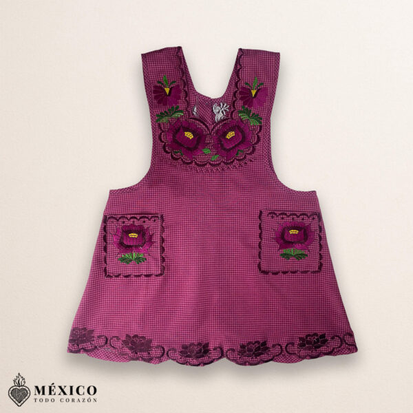 Burgundy Mexican embroidered cotton apron with floral design, ideal kitchen and cooking gift