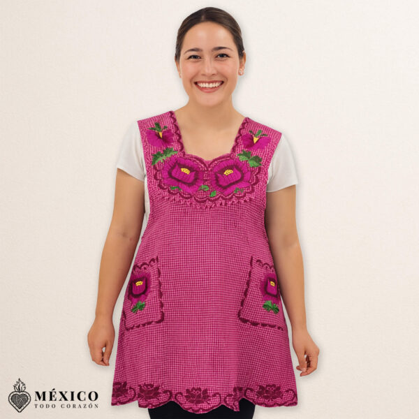 Burgundy Mexican embroidered cotton apron with floral design, ideal kitchen and cooking gift