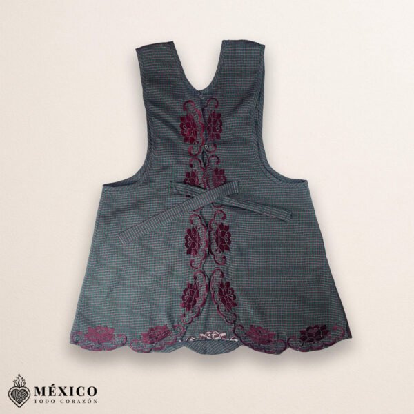 Gray Mexican embroidered cotton apron featuring pink floral design, perfect kitchen and cooking gift