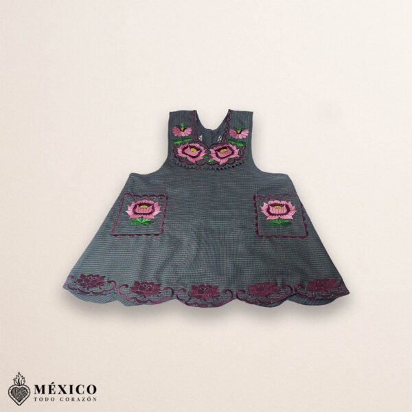 Gray Mexican embroidered cotton apron featuring pink floral design, perfect kitchen and cooking gift