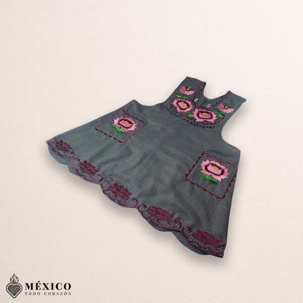 Gray Mexican embroidered cotton apron featuring pink floral design, perfect kitchen and cooking gift