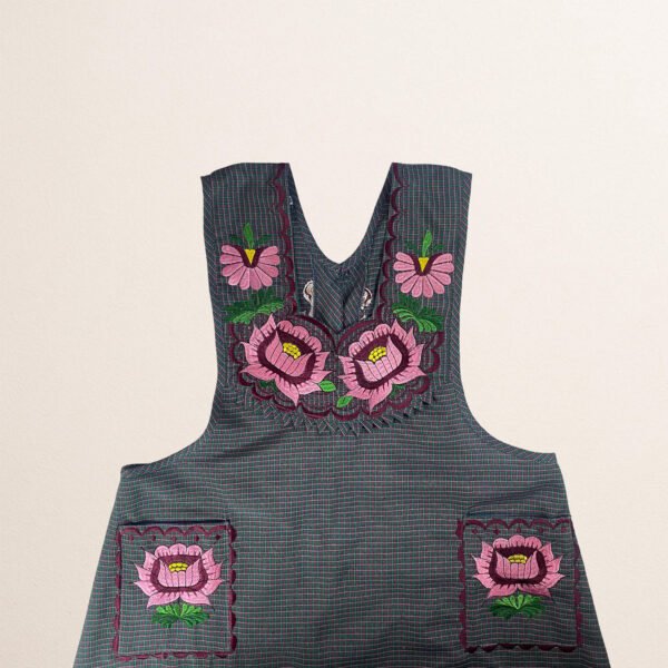 Gray Mexican embroidered cotton apron featuring pink floral design, perfect kitchen and cooking gift