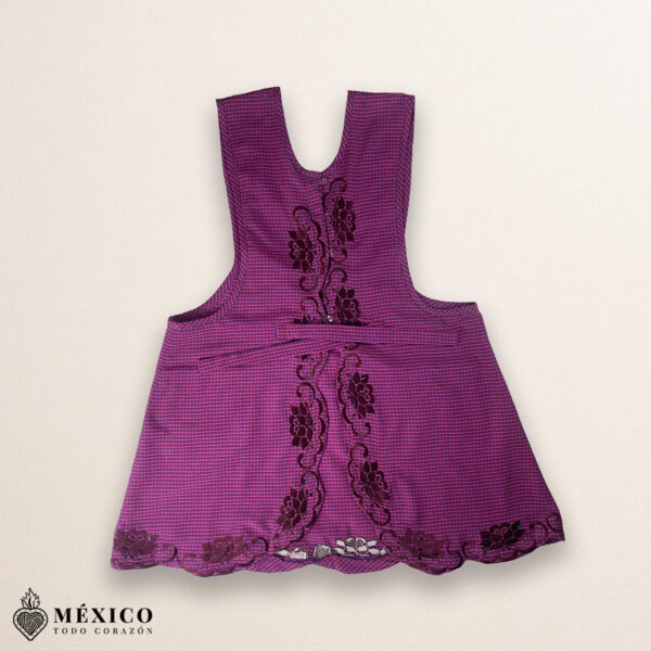 Burgundy Mexican embroidered cotton apron featuring floral motifs, ideal kitchen and cooking gift