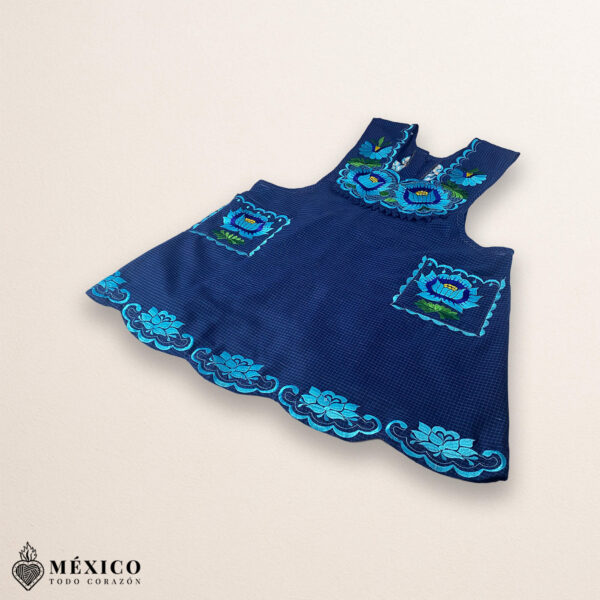 Blue Mexican embroidered cotton apron featuring light blue floral design, perfect kitchen and cooking gift