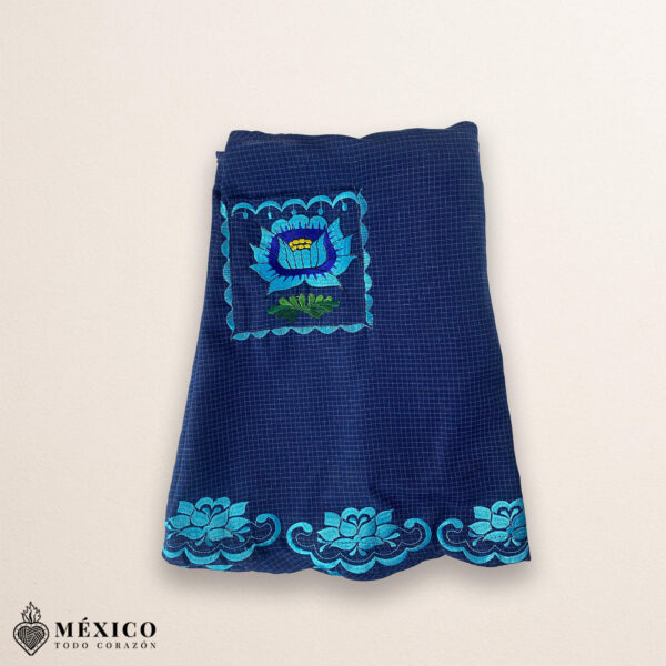 Blue Mexican embroidered cotton apron featuring light blue floral design, perfect kitchen and cooking gift