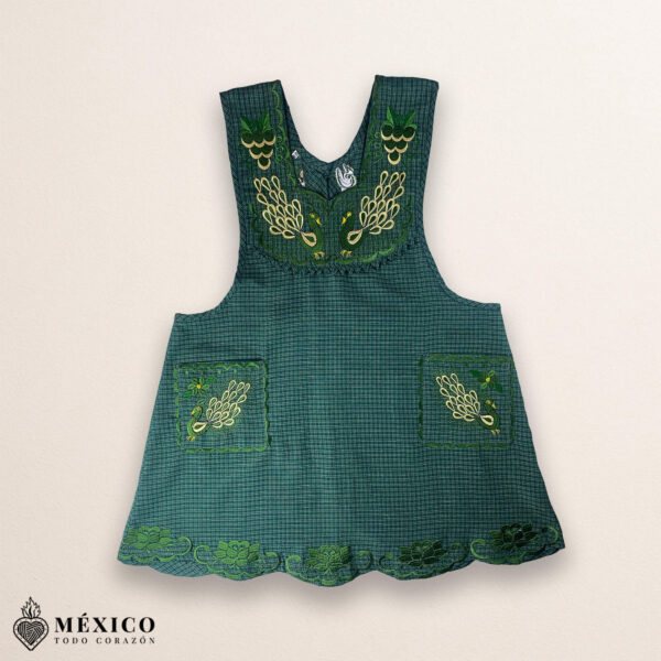 Green Mexican embroidered cotton apron featuring an olive peacock design, perfect kitchen and cooking gift