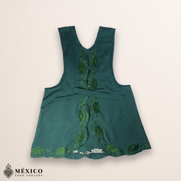 Green Mexican embroidered cotton apron featuring an olive peacock design, perfect kitchen and cooking gift