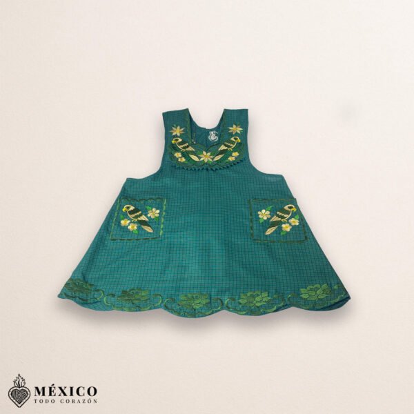 Green Mexican embroidered cotton apron featuring floral and bird motifs, perfect kitchen and cooking gift