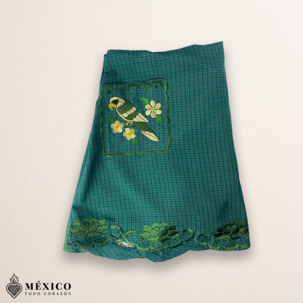 Green Mexican embroidered cotton apron featuring floral and bird motifs, perfect kitchen and cooking gift