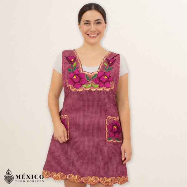 Burgundy Mexican embroidered cotton apron with floral motifs, perfect kitchen and cooking gift