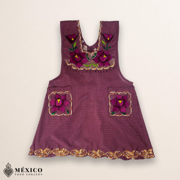Burgundy Mexican embroidered cotton apron with floral motifs, perfect kitchen and cooking gift