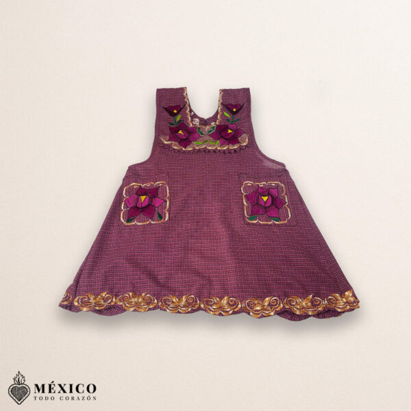 Burgundy Mexican embroidered cotton apron with floral motifs, perfect kitchen and cooking gift