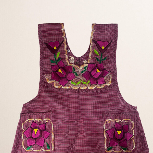 Burgundy Mexican embroidered cotton apron with floral motifs, perfect kitchen and cooking gift