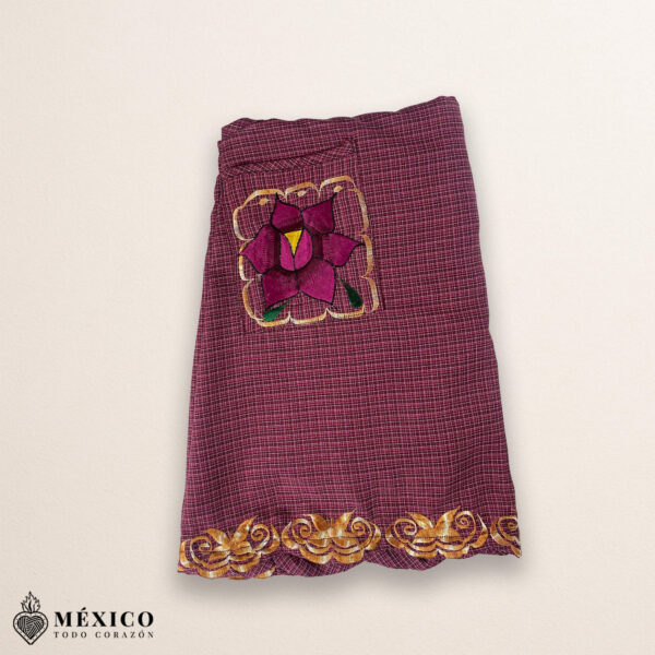 Burgundy Mexican embroidered cotton apron with floral motifs, perfect kitchen and cooking gift