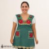 Green Mexican embroidered cotton apron featuring red floral design, ideal kitchen and cooking gift