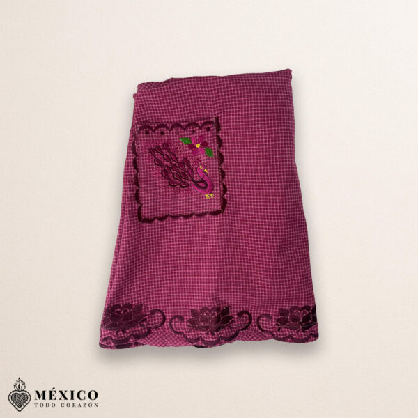 Burgundy Mexican embroidered cotton apron featuring grape fruit and peacock design, perfect kitchen gift