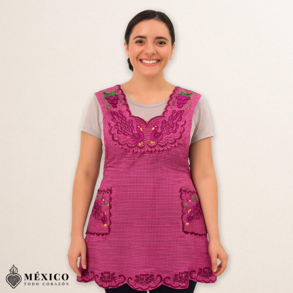 Burgundy Mexican embroidered cotton apron featuring grape fruit and peacock design, perfect kitchen gift