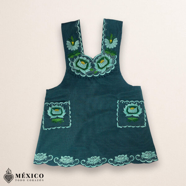 Mint green Mexican embroidered cotton apron featuring floral motifs, perfect kitchen and cooking gift