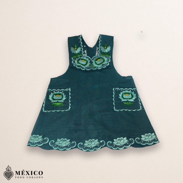 Mint green Mexican embroidered cotton apron featuring floral motifs, perfect kitchen and cooking gift