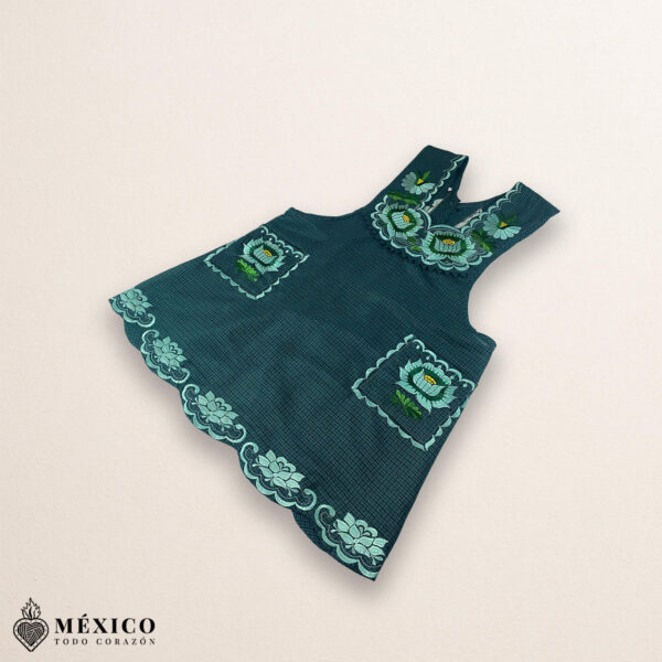 Mint green Mexican embroidered cotton apron featuring floral motifs, perfect kitchen and cooking gift