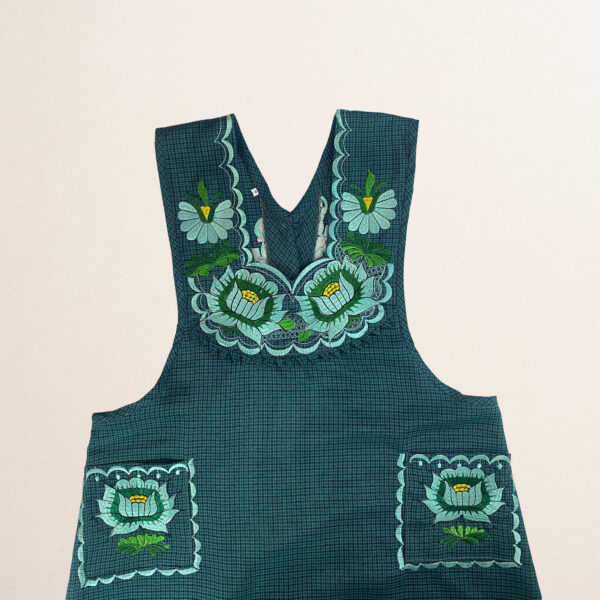 Mint green Mexican embroidered cotton apron featuring floral motifs, perfect kitchen and cooking gift