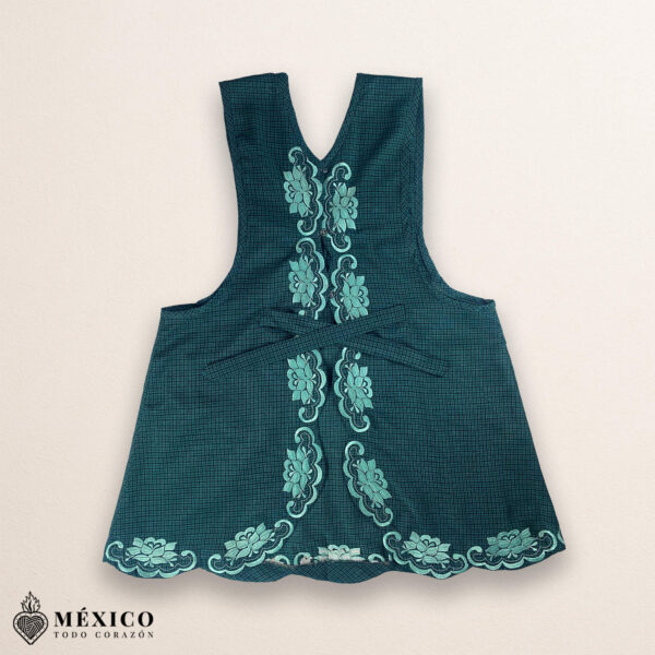 Mint green Mexican embroidered cotton apron featuring floral motifs, perfect kitchen and cooking gift