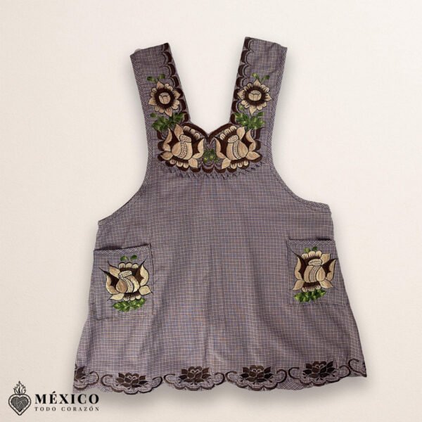 Light brown Mexican embroidered cotton apron featuring beige floral patterns, ideal kitchen and cooking gift.